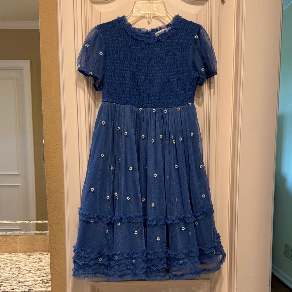 Mini Boden Cornflower Blue Dress with White Floral Embellishments